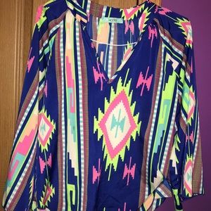Neon V- Neck Aztec printed Blouse Size S